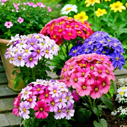 Яркий сад с цветущими флоксовыми цветами, ухоженная грядка, садовые инструменты и ясное небо.