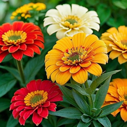 Яркий сад с цветущими циниями на фоне солнечного пейзажа, инструменты для садоводства и зелень.