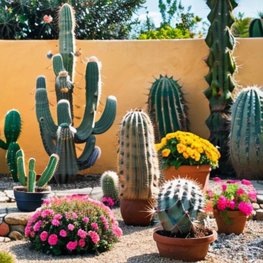 Яркий сад с разнообразными кактусами на фоне солнечного неба.