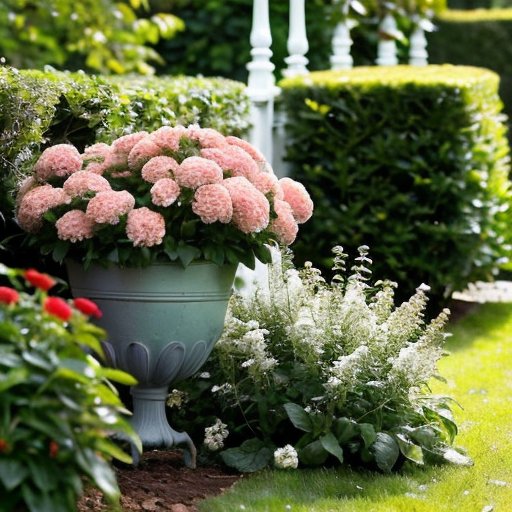 Солнечный сад с разнообразными растениями калины, зелеными листьями и ягодами, ухоженная почва и садовые инструменты.