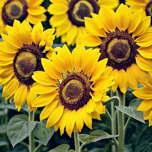 Солнечное поле подсолнухов с яркими цветами, зелеными листьями и садовыми инструментами на фоне ясного неба.