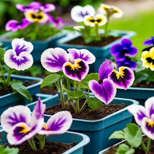 Яркий сад с рассадой виолы, солнечная погода, инструменты для садоводства и цветущие цветы.