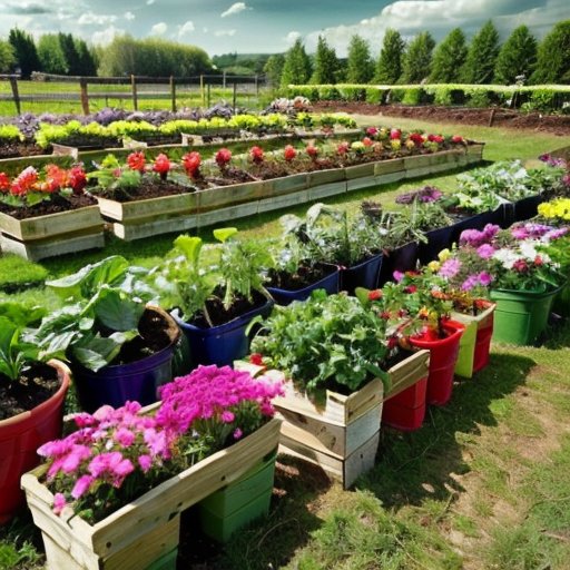 Солнечный овощной сад с капустой, инструментами и ящиком свежих овощей.