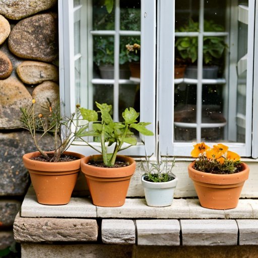 Солнечный подоконник с яркими сеянцами в горшках, окружённый декоративными камнями и ароматными травами.