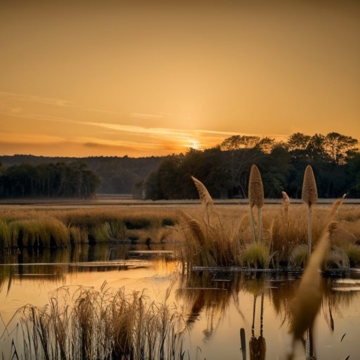 Спокойный ландшафт водно-болотных угодий с тростником и рогозом, отражающимися в воде.