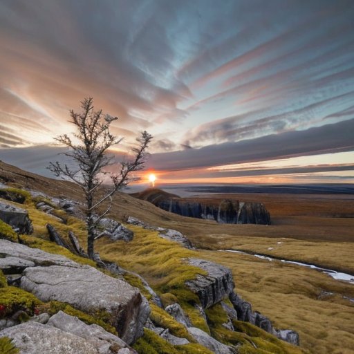 Дерево карликовой березы в тундровом ландшафте с камнями, мхом и ясным небом.