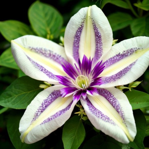 Цветущий клематис на фоне зелени, акцент на лепестках и садовом декоре.