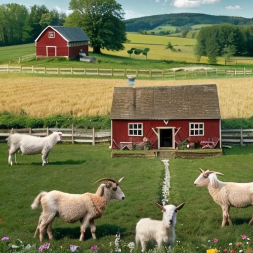 Спокойная ферма с зелёным пастбищем, деревянным сараем и уютным уголком для козлят.