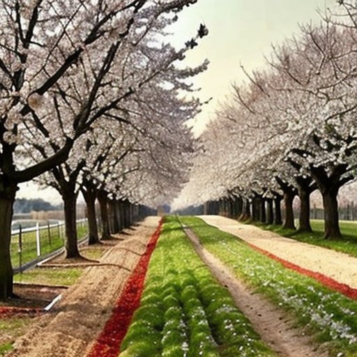 Солнечный сад с молодыми фруктовыми деревьями и знаком 