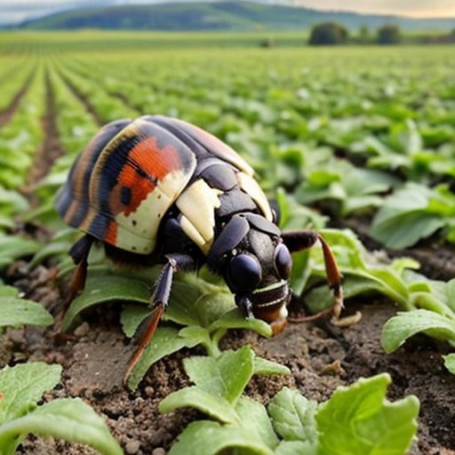 Пестрый сельскохозяйственный участок в России с поврежденными картофельными растениями и колорадским жуком, карта его распространения и элементы современного контроля вредителей.