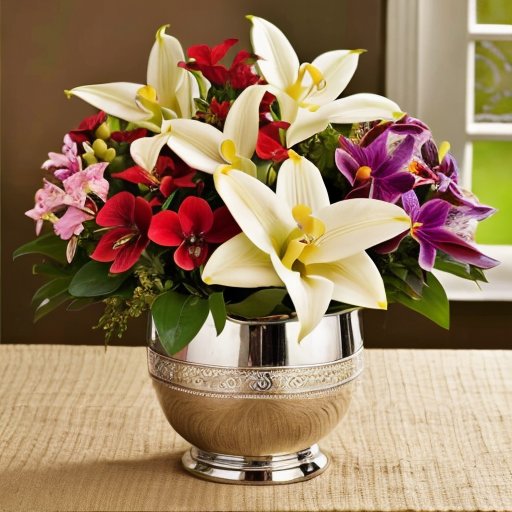 Цветочная композиция для Международного женского дня: орхидеи, антуриумы, спатифиллумы, фиалки и азалии на праздничном столе.