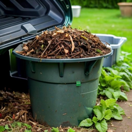 Организованная компостная система в саду с компостным ящиком и органическими материалами.