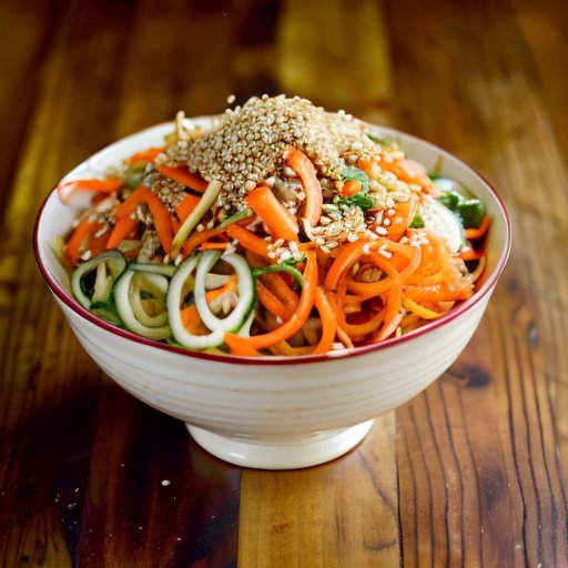 Яркая чаша корейского салата из моркови с чесноком, кунжутным маслом и семенами кунжута на деревянном столе.