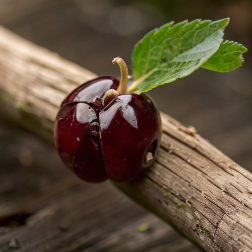 Чёрные семена черёмухи на деревянной поверхности с созревшими ягодами и зелёными листьями.