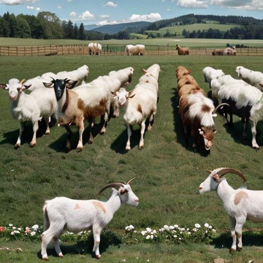 Спокойный фермерский пейзаж с уникальными козами без ушей на зелёном пастбище, рядом с деревянным сараем и ясным небом.