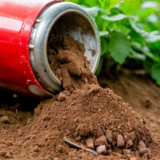 Яркий красный мешок органического удобрения на фоне темной почвы и зелёных растений в солнечном саду.