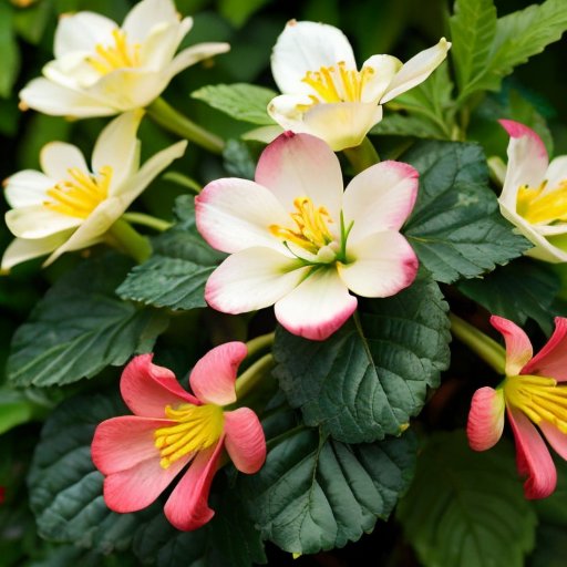 Яркий сад с кустарниками бордового цвета, цветами и декоративными камнями на фоне солнечного неба.