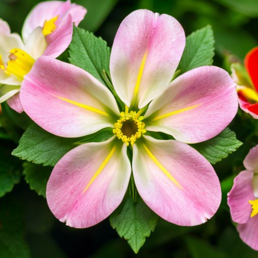 Цветущий сад с левкоем и львиным зевом, инструменты для садоводства.