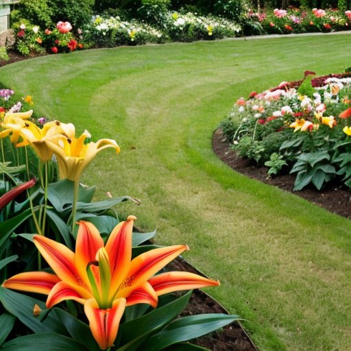 Цветущий сад с различными видами лилий, организованные ряды и элементы ухода.