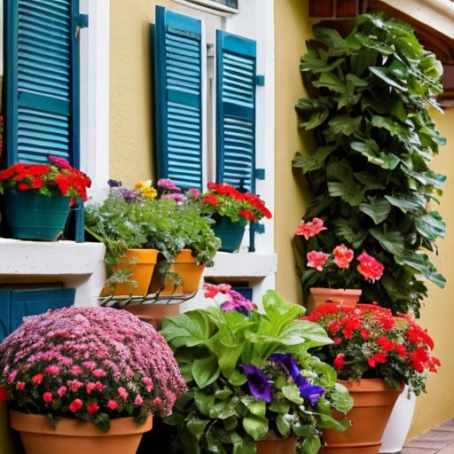 Яркий балконный сад с каскадными лобелиями, солнечный свет, цветы и садовые инструменты.