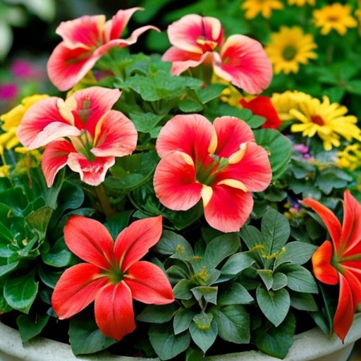 Яркая коллекция растений лобелии в декоративных горшках на солнечном фоне.