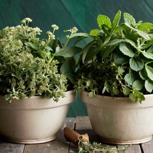 Две травы: майоран с мягкими зелеными листьями и орегано с темными листьями и фиолетовыми цветами на деревянном столе.