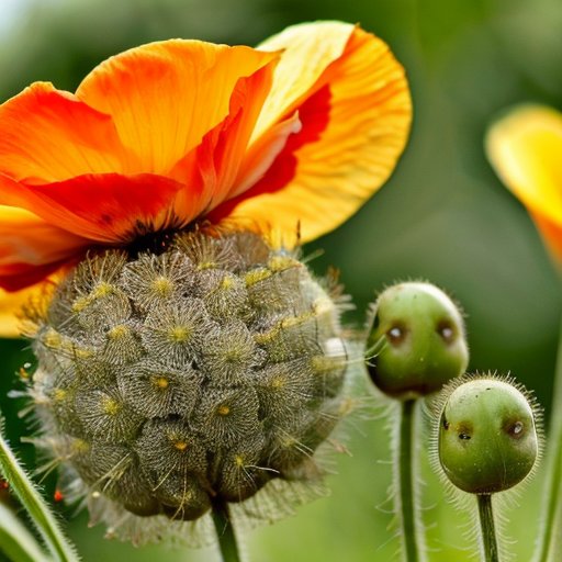 Макроизображение коробочек маковых семян с зелеными листьями на размытом фоне.