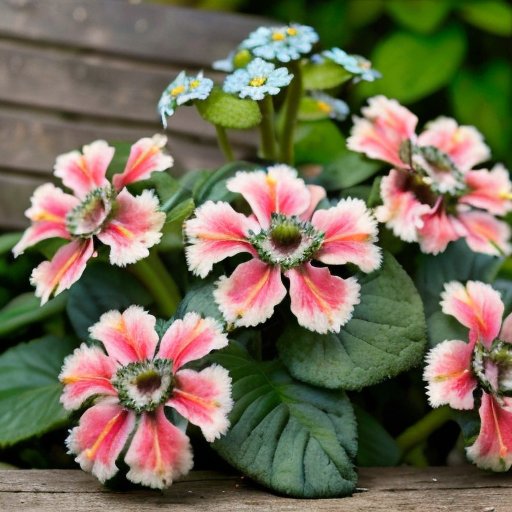 Сад с цветущими легочниками и деревянным знаком 