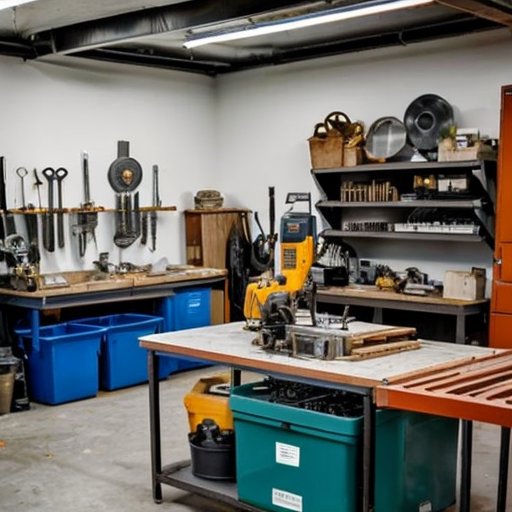 Организованная мастерская по металлообработке с инструментами, декором и мебелью из металла.