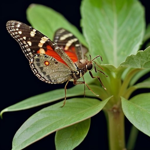 Здоровое комнатное растение с яркими листьями и летающими насекомыми.