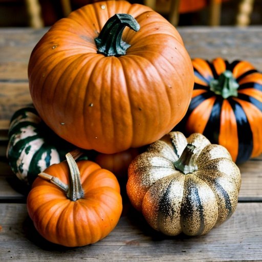 Яркие декоративные тыквы на деревянном столе с осенними листьями.