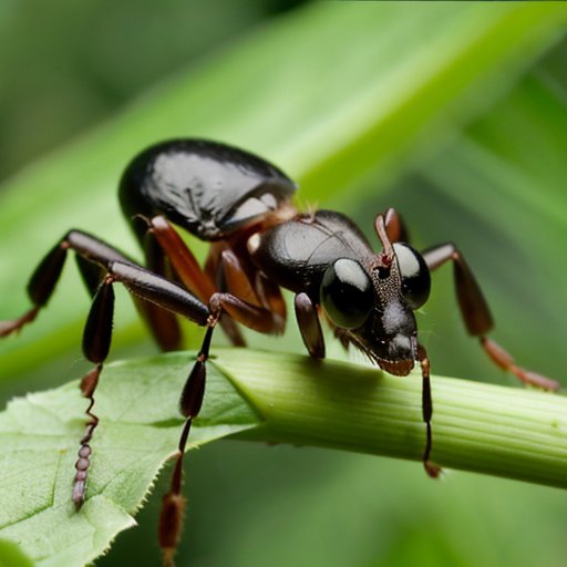 Иллюстрация муравья с акцентом на ядовитую железу, окруженного природными элементами.