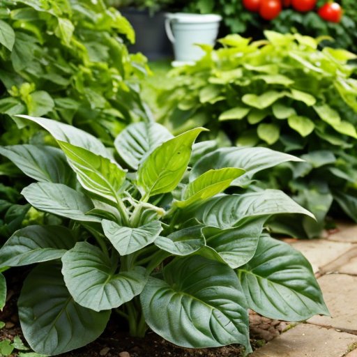 Яркий сад с томатами и необычными картофельными листьями.