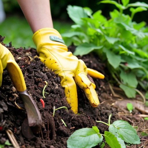 Яркая компостная куча с органическими материалами, термометром, инструментами и солнечными лучами.