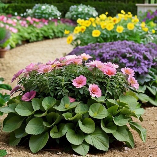 Яркий цветник с цветущими аубриетами разных оттенков фиолетового, розового и белого на фоне зелёной листвы и хорошо обработанной почвы.