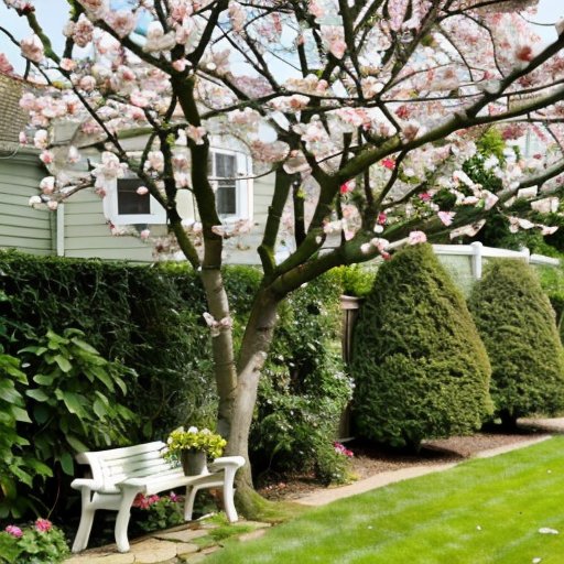 Старое вишневое дерево в саду с зелеными листьями и спелыми вишнями, рядом инструменты для садоводства.