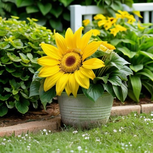 Солнечный сад с здоровыми растениями и контейнером удобрений, предупреждающий о переудобрении.