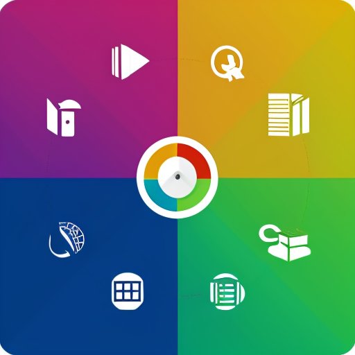 Современный компьютерный стол с иконками ОС и элементами бизнеса, образования и повседневных задач на фоне градиента голубого и зеленого.