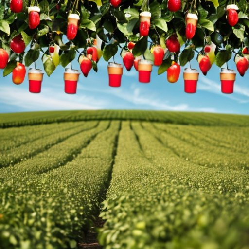 Сочный сад с фруктами и бутылками пестицидов на фоне ясного неба.