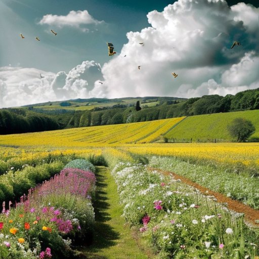 Зеленое поле гороха с цветущими растениями, пчелы, ясное небо и сельскохозяйственные инструменты.