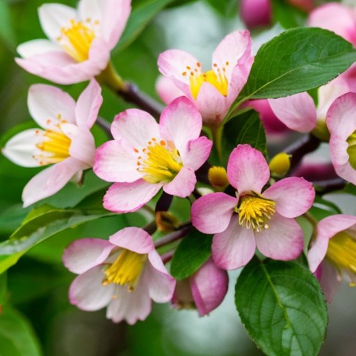 Цветущий сливовый сад с белыми и розовыми цветами, инструменты для опыления на деревянном столе, окруженный цветущими растениями и солнечным светом.