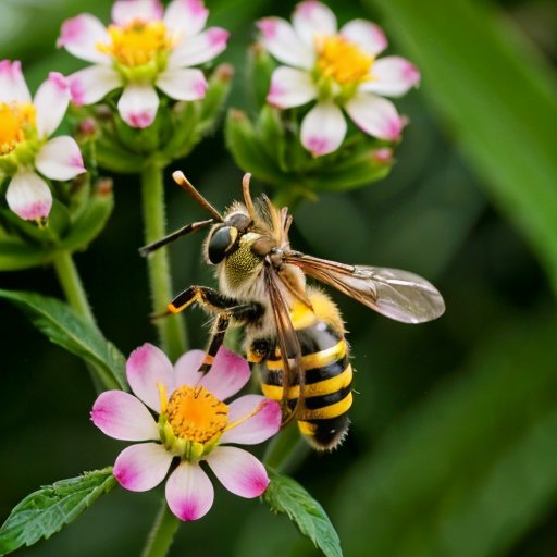 Яркий сад с цветущими растениями, шмелями и гнездом ос.