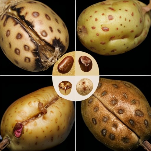 Близкий план клубней картофеля с различными типами рака: обычным, серебристым и черным. Текстуры и цвета на поверхности картофеля, контраст между шероховатыми и гладкими участ