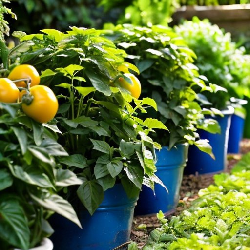 Сад с пышными томатами, яркое небо, инструмент для садоводства.