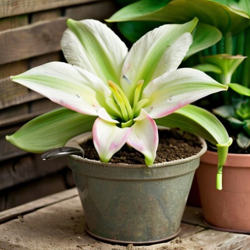 Здоровый луковичный цветок гиппеаструма в горшке с дренажной смесью, окруженный садовыми инструментами и ярким фоном.