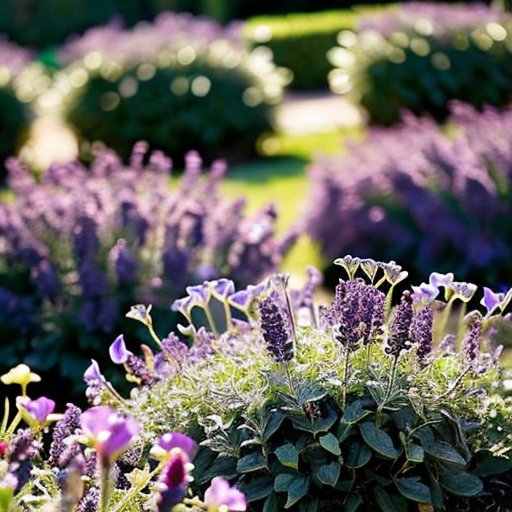 Спокойный сад лаванды с яркими растениями, инструментами и зеленью на фоне солнечного света.