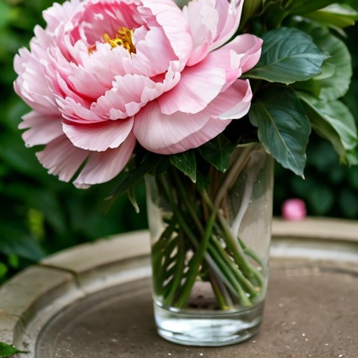 Цветущий сад с пионовыми растениями, свежей землёй и садовыми инструментами на фоне ясного весеннего неба.