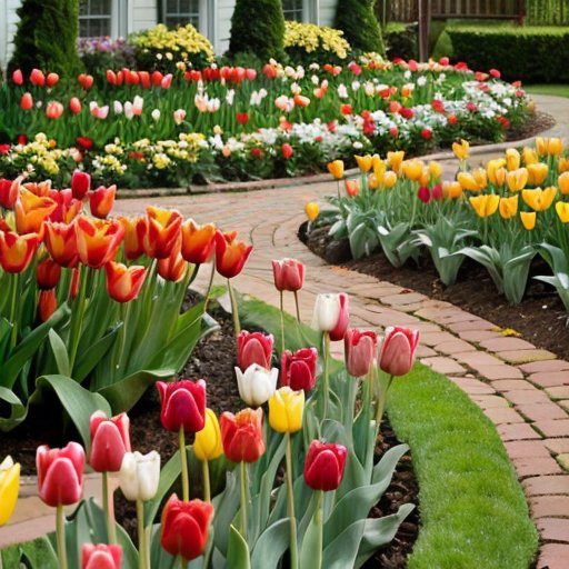 Цветущий сад с яркими тюльпанами, ухоженная клумба и садовые инструменты.