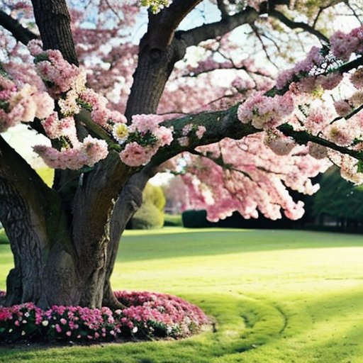 Весенний пейзаж с цветущим деревом, зелёной травой и ясным небом.