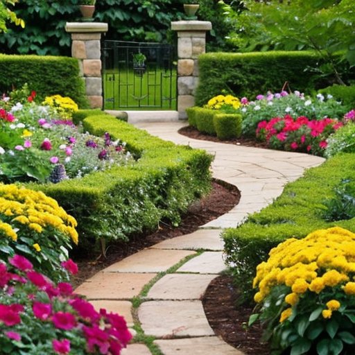 Яркий сад с разнообразными кустарниками, цветами и каменной дорожкой.